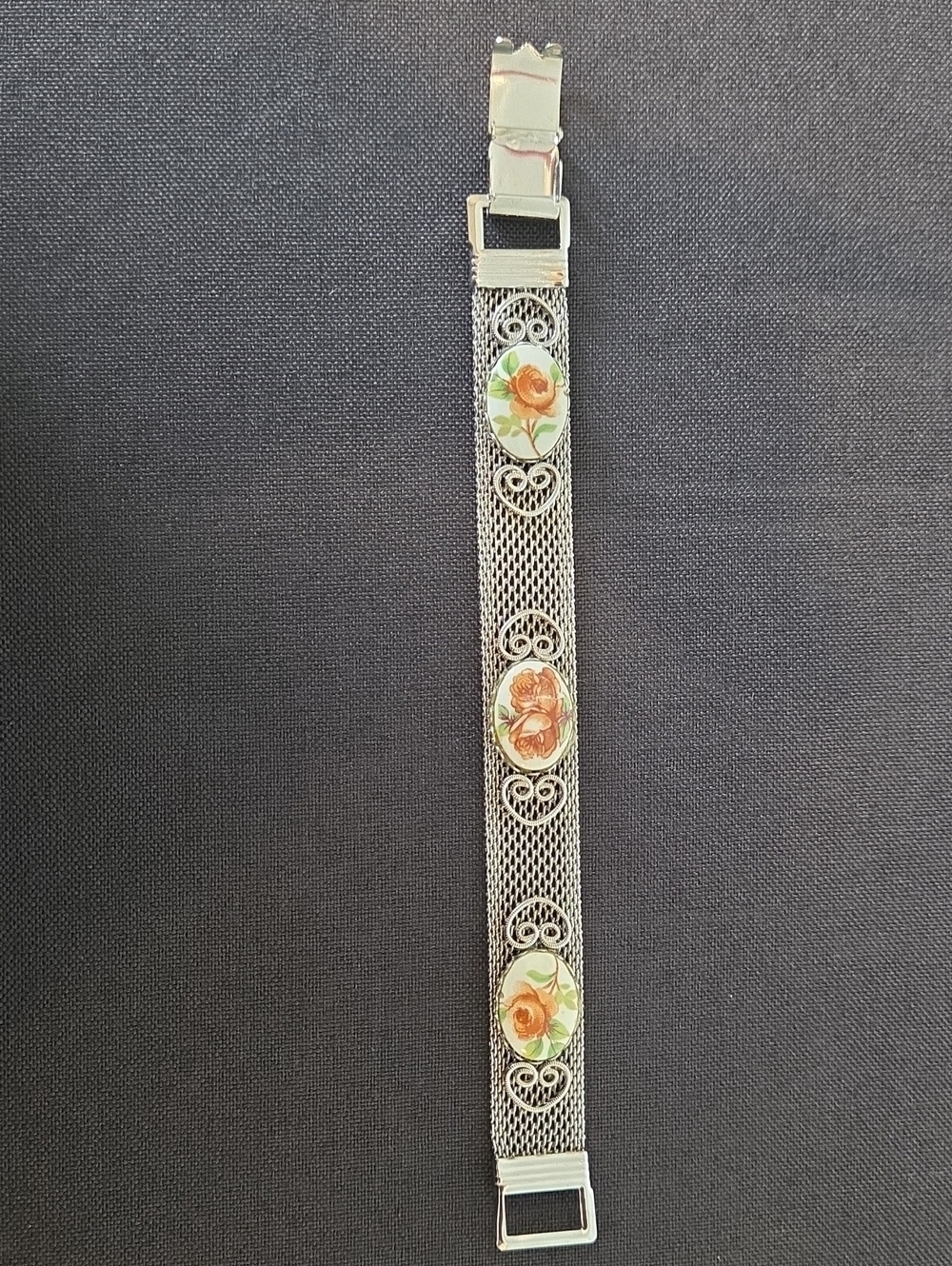 Vintage Floral Silver Mesh Bracelet - Orange Flower Accent